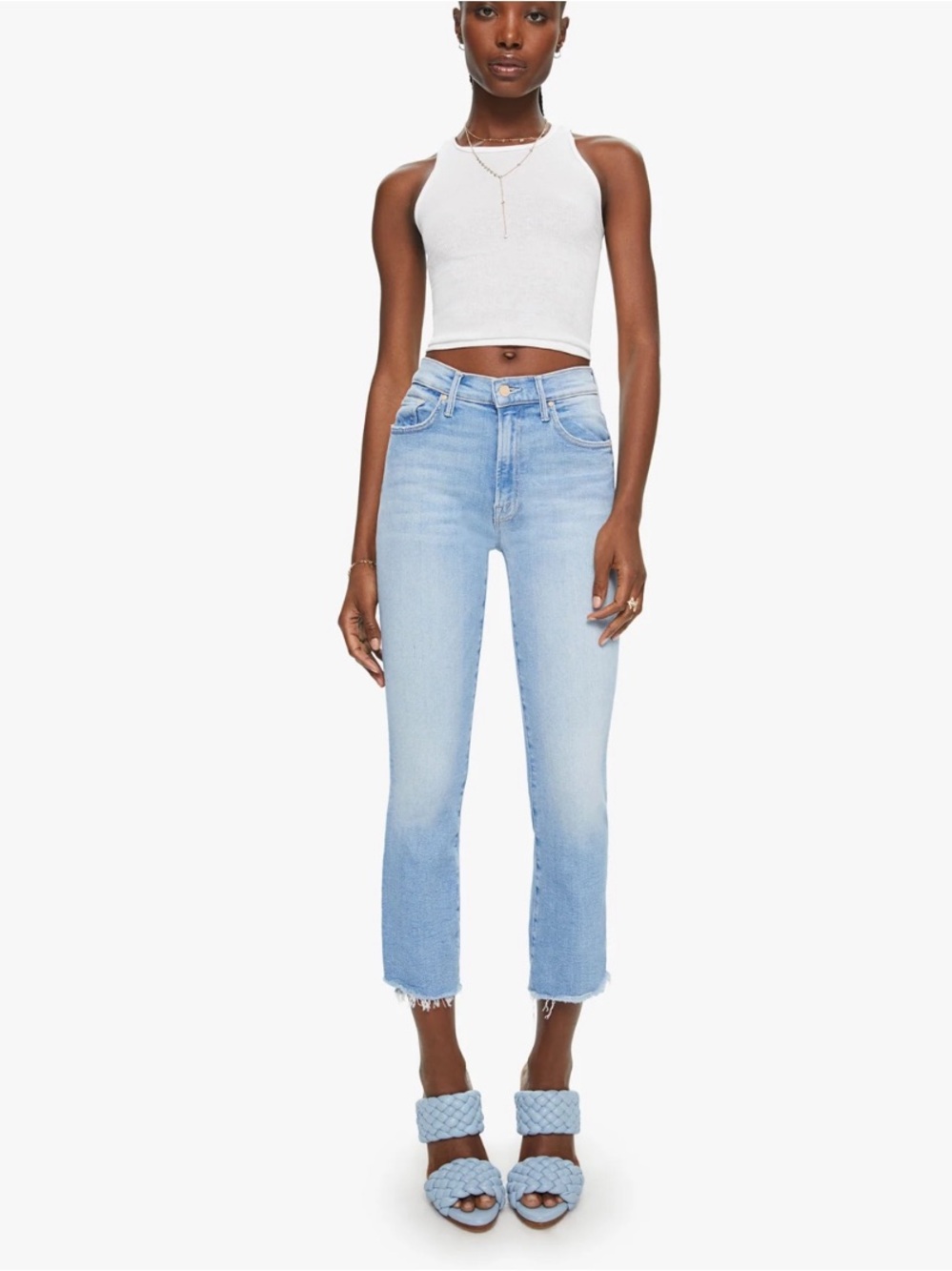MOTHER Light Blue Cropped Frayed Hem Jeans
